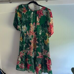 Eliza J Green Floral Midi Dress with Pink & Yellow Blooms